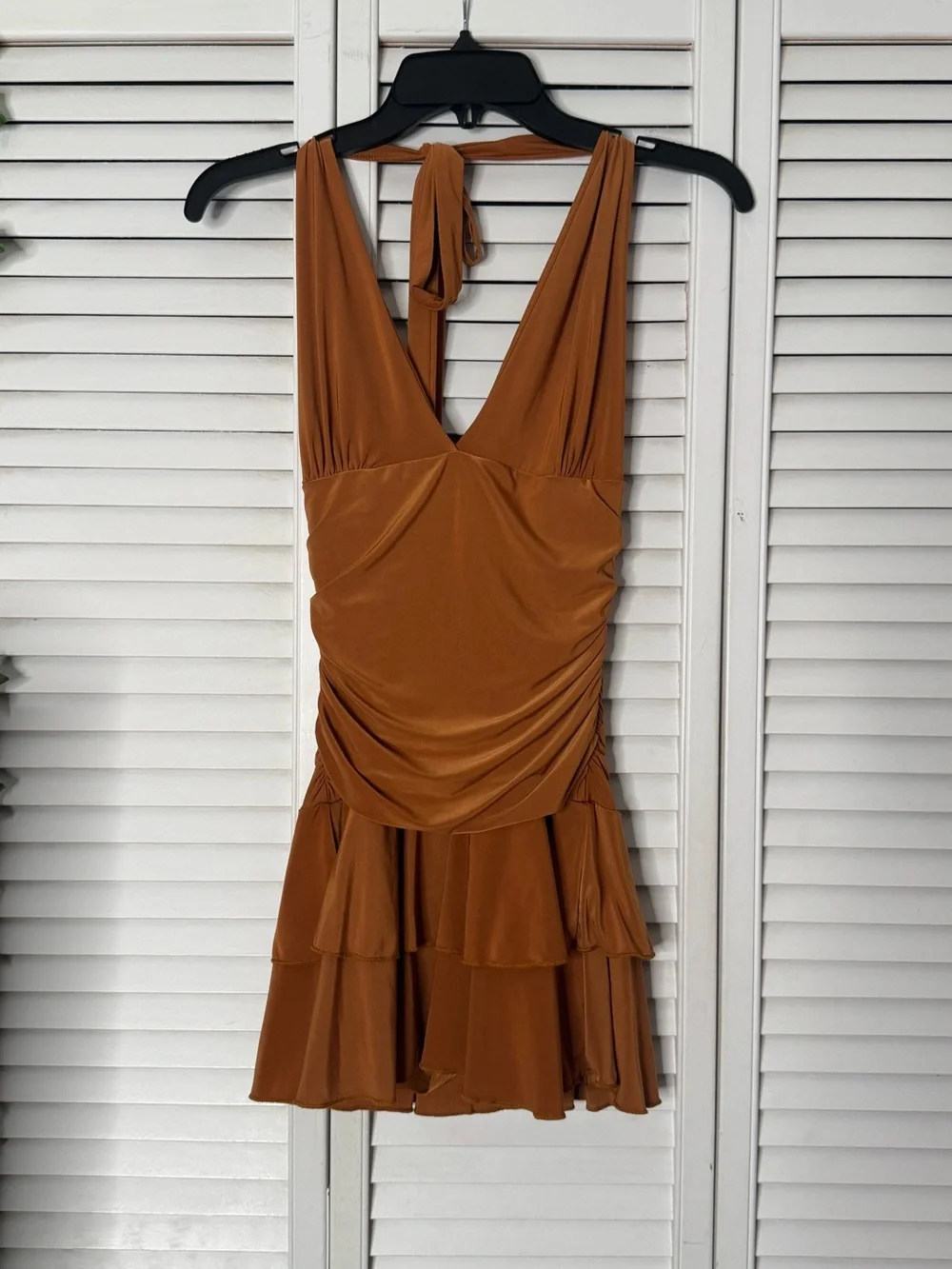 Women’s Brown Windsor V-Neck Tiered Ruffle Dress with Shorts Under